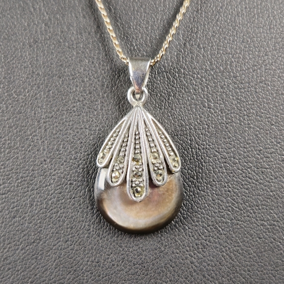 Pearl and Marcasite Sterling Silver Teardrop Necklace - Picture 2 of 4
